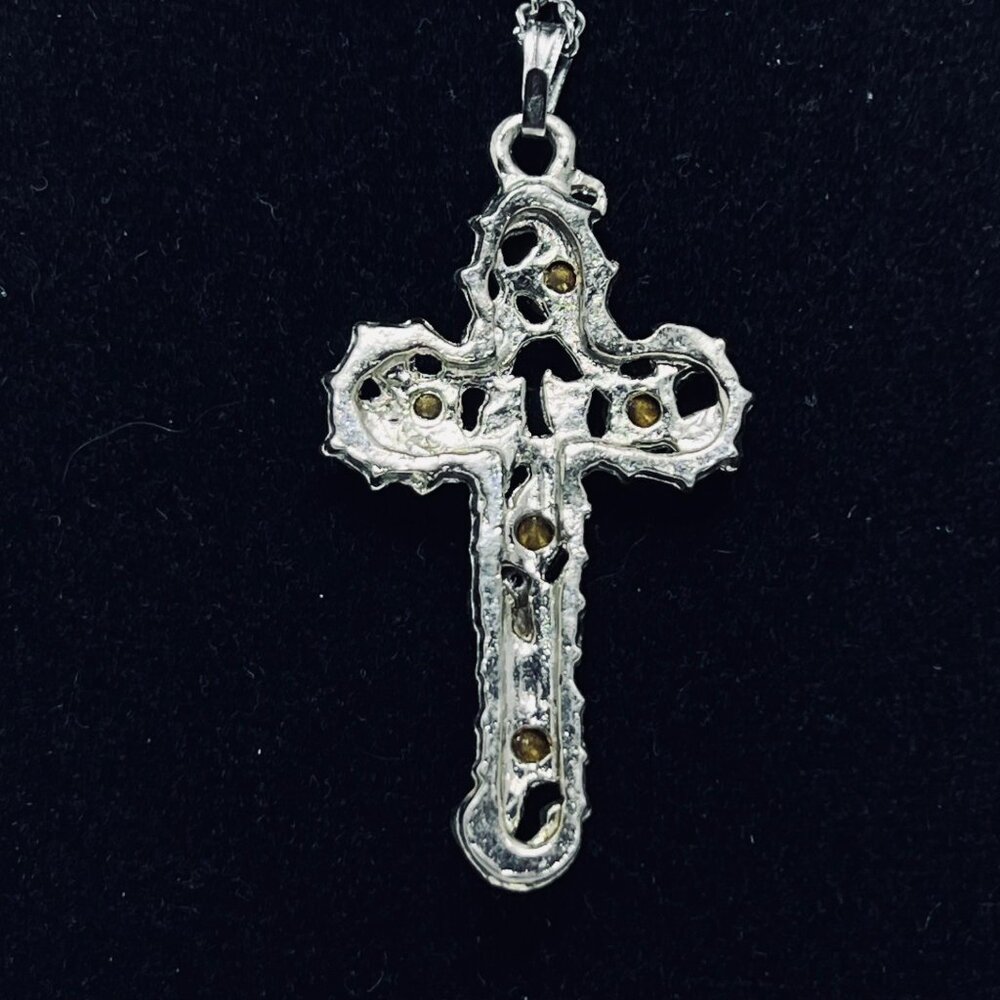 Silver Tone Curb Chain Necklace With Aqua Rhinestone Cross Pendant (816) - Picture 3 of 4